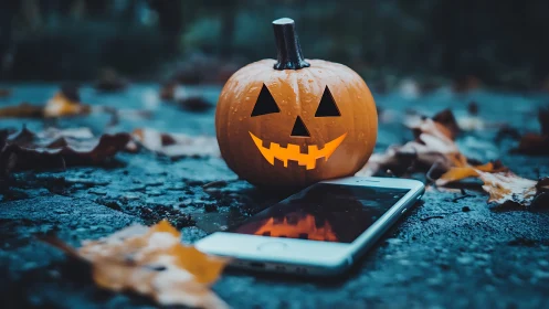 Illuminated jack-o-lantern and smartphone on wet asphalt surface.