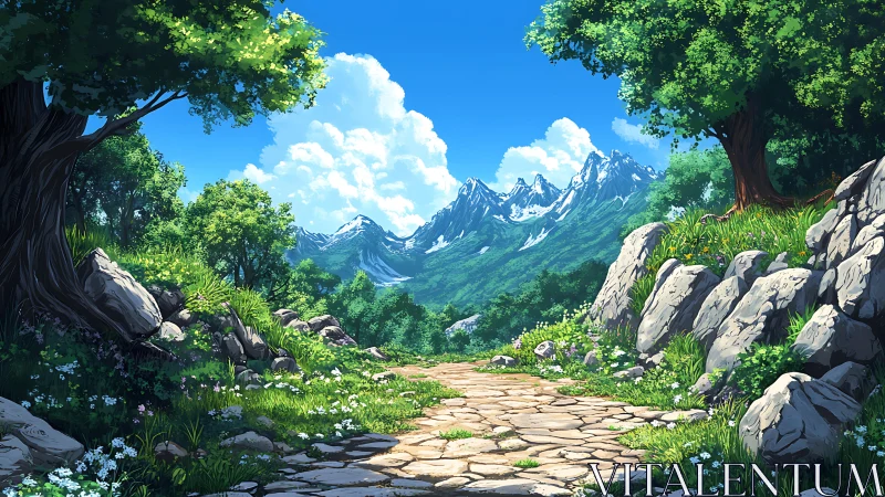 Mountain path winds through lush forest beneath bright sky.