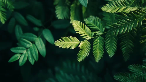 Luminous fern fronds emerging from deep forest shadow.