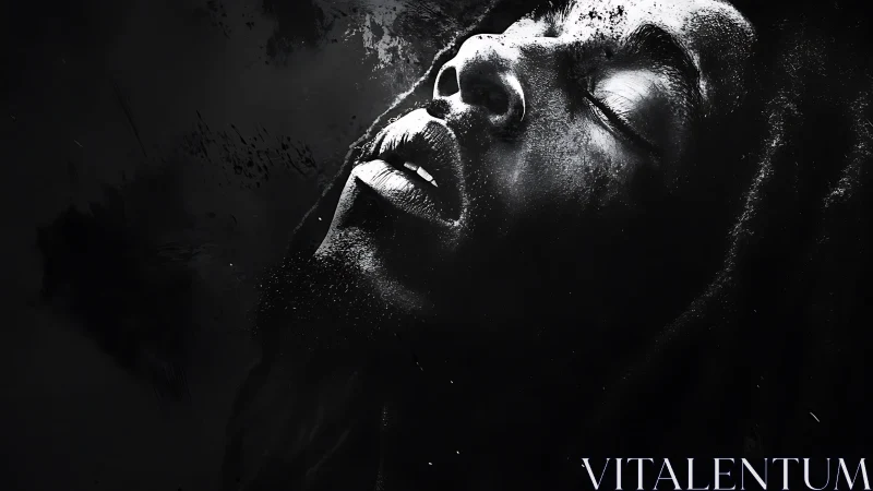 Monochrome portrait captures ecstatic, immersive reverie.