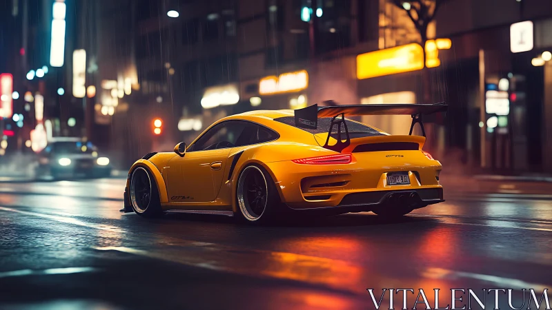 Yellow GT3 sports car anchors a neon-lit wet urban streetscape