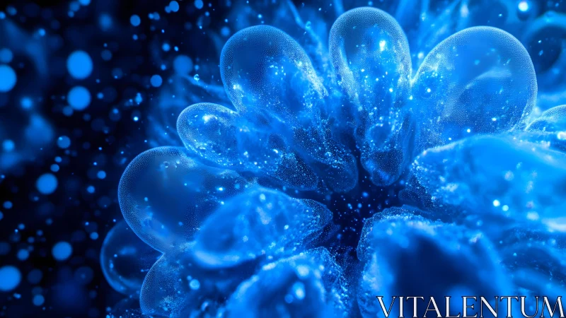 Abstract macro of glowing blue bubbles in a digital art style.