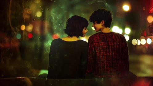 Urban Night Conversation: Two Figures Against Bokeh Light Backdrop.