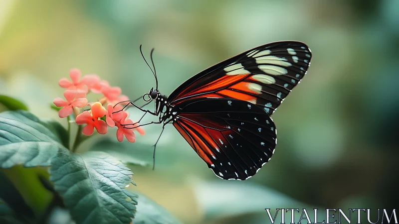 Monarch-like butterfly on coral flowers in soft focus garden.