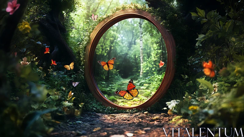 Circular forest portal encircled by butterflies in light.