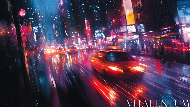 Neon taxis race through a rain‑soaked cyberpunk city night