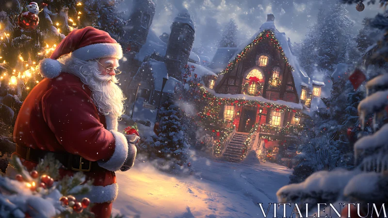 Santa in snow-lit courtyard inspects gift by illuminated chalet