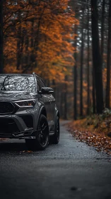 Sport SUV waits on wet forest road amid rich autumn color.
