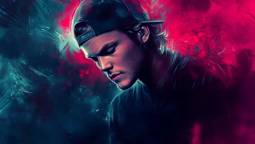 Neon-edge portrait of a pensive cap-wearing dreamer.