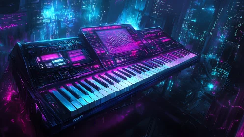 Cyberpunk synthesizer console in neon magenta and cyan glow.