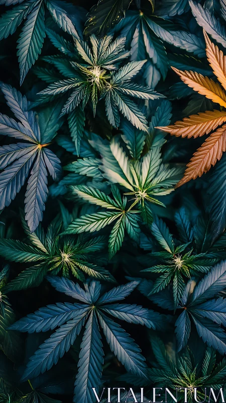 Overhead cannabis foliage under mixed-spectrum directional lighting