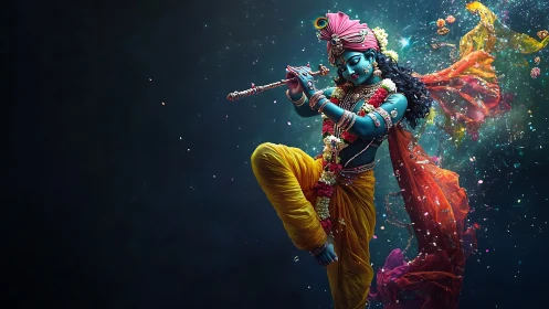 Krishna figure plays flute in dynamic, colorful digital scene