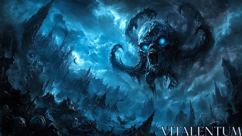 Eldritch skull storm devouring ruined dark fantasy city.