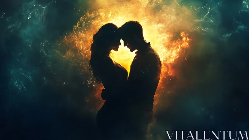 Silhouetted Profiles Embracing Within Incandescent Radiance.