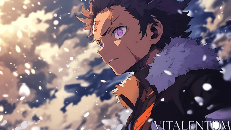 Storm-lit anime hero gazes ahead with fierce quiet resolve