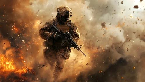 Storm-walker soldier strides through molten battlefield fire.