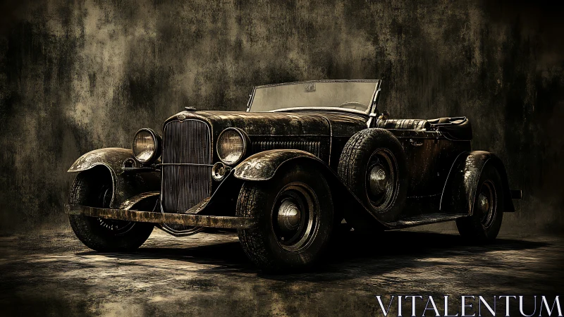 Vintage convertible roadster in dramatic dark studio light.