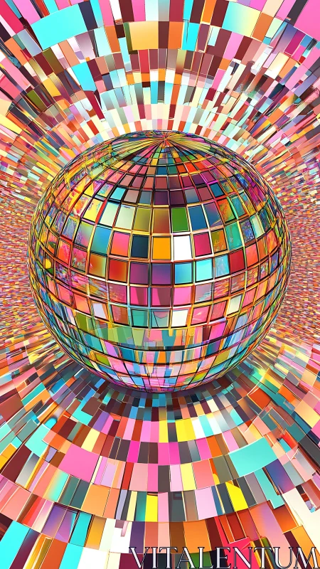 Multicolor mirrored sphere within radial mosaic tunnel