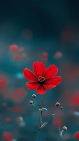Scarlet wildflower glows softly against a teal twilight haze