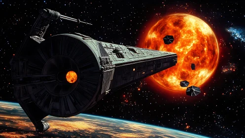 Massive black starship advances toward burning orange sun