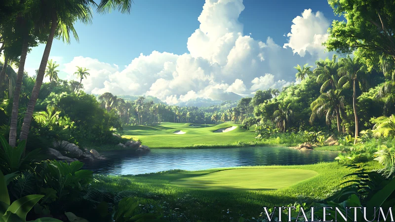 Sunlit tropical golf course rendered with hyperreal lighting