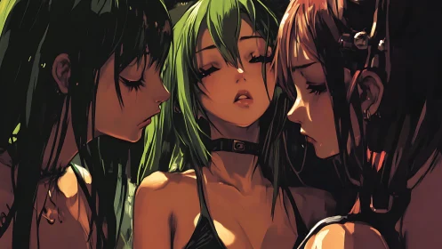 Midnight triad of neon-hearted girls in quiet rebellion.