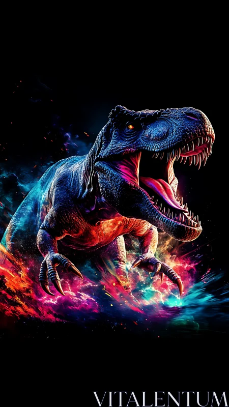 Neon T. rex roaring through swirling cosmic colors.