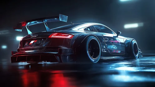 Widebody Audi race car rendered in neon-lit studio environment
