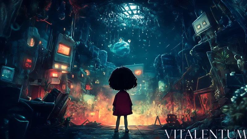 Solitary child observes cybernetic cavern under falling light