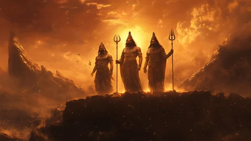 Mythic warrior triad in molten sunset atmospheric tableau.