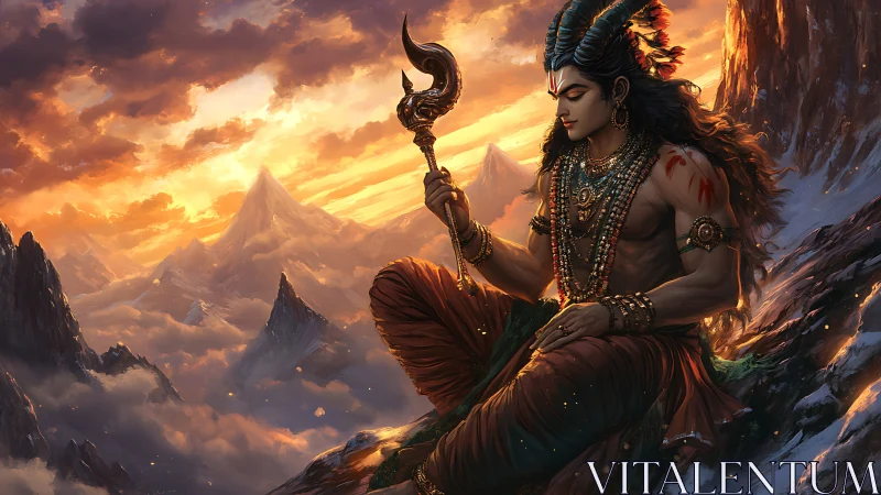 Seated ascetic figure on mountain ridge at orange sunset.