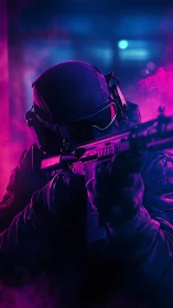 Neon-soaked marksman carves sharp focus through electric haze