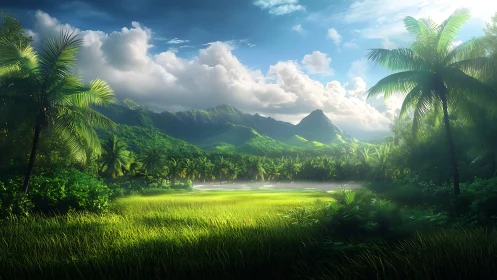 Lush tropical valley opens to misty lake and sharp mountains.