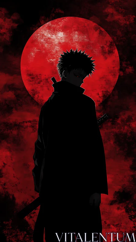 Shadowed swordsman stands before a blood-red full moon.