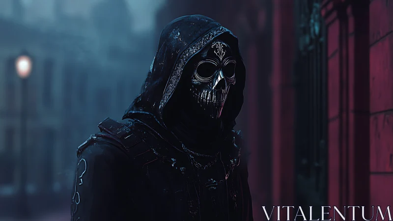 Hooded skull-masked wraith stalks neon-dim city streets.