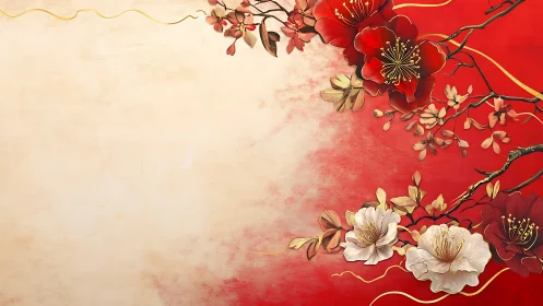 Red floral branches frame beige textured background space