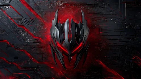 Cybernetic demon mask radiates red digital energy