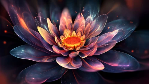 Luminous cosmic flower glows with layered translucent petals