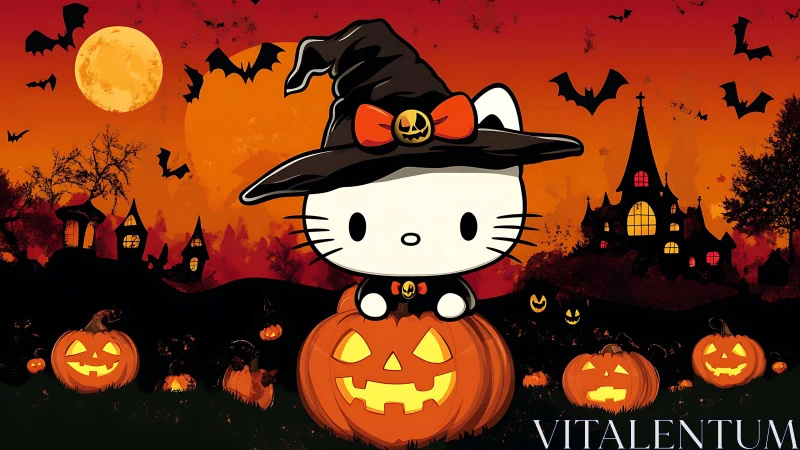 Cartoon cat in witch costume over jack o lantern scene.