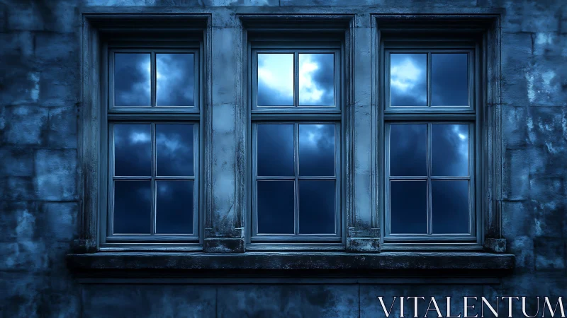 Triple window facade with night sky reflections in glass.