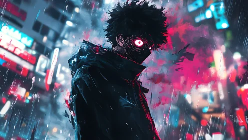 Neon-eyed vigilante in rain-soaked cyberpunk alleyway scene.