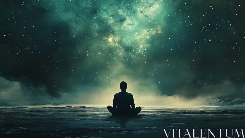 Silhouette meditates under vast teal cosmic night sky.