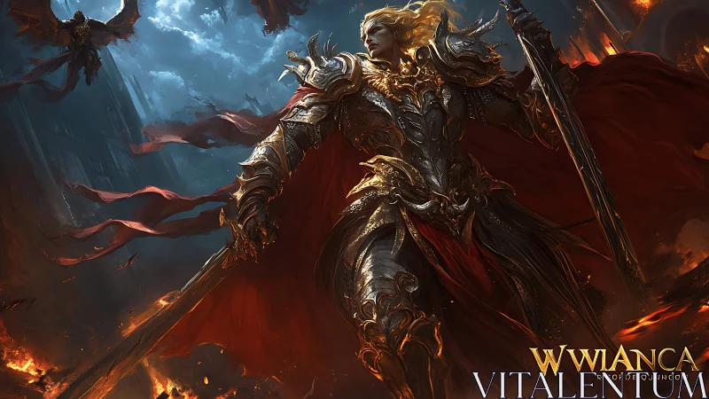 Armored angelic warrior strides through burning battlefield.