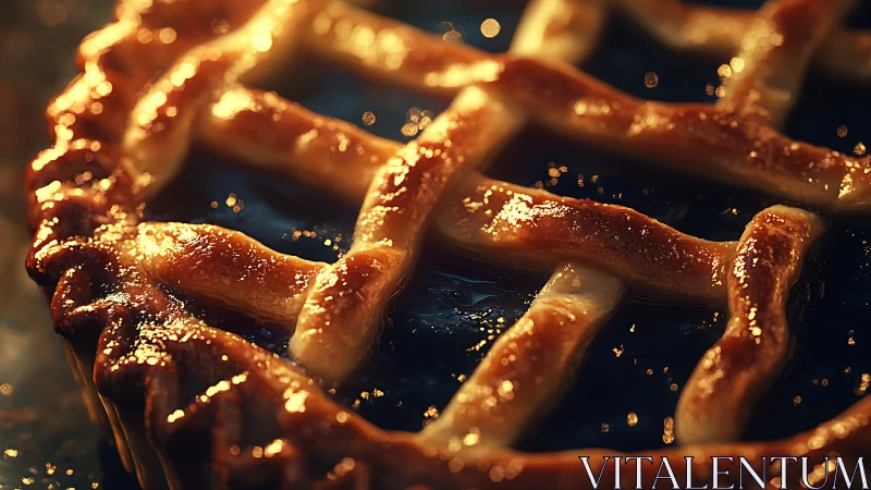 Golden lattice fruit pie glows under warm directional light