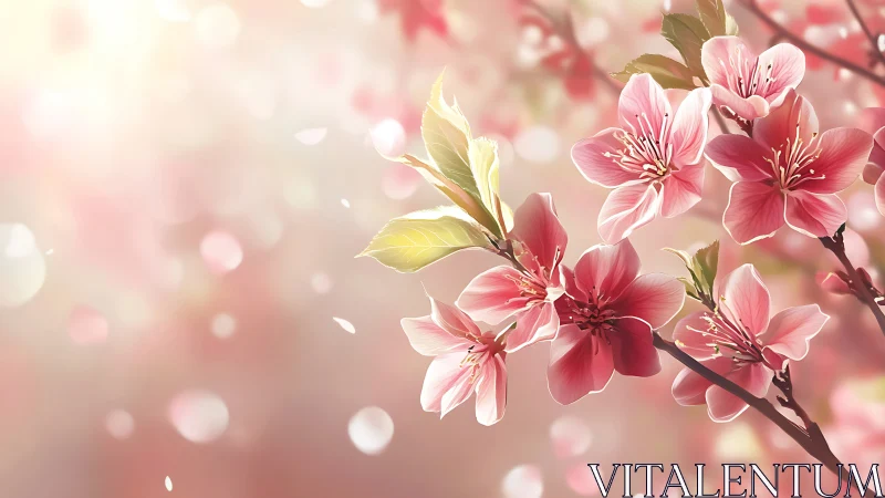 Blossoms drift through sunlit ethereal haze. Springtime magic blooms.