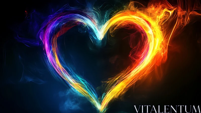 Luminous heart shape bursts with vibrant neon fire.