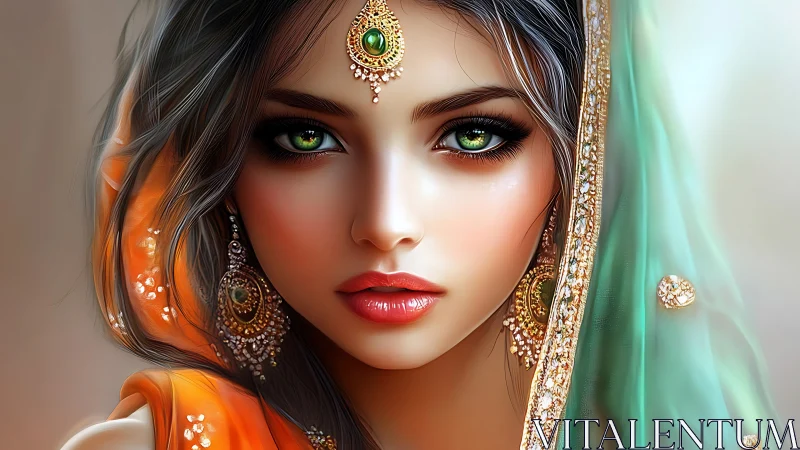 Emerald-eyed bridal muse draped in sunlit silk and jewels.