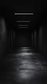 Dark industrial corridor with recessed linear ceiling lights.