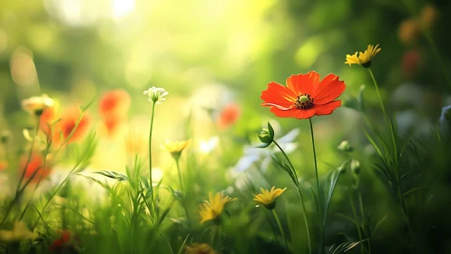 Flowering garden with selective depth focus on red bloom