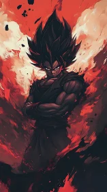 Dark anime warrior ignites in red inferno of raw power